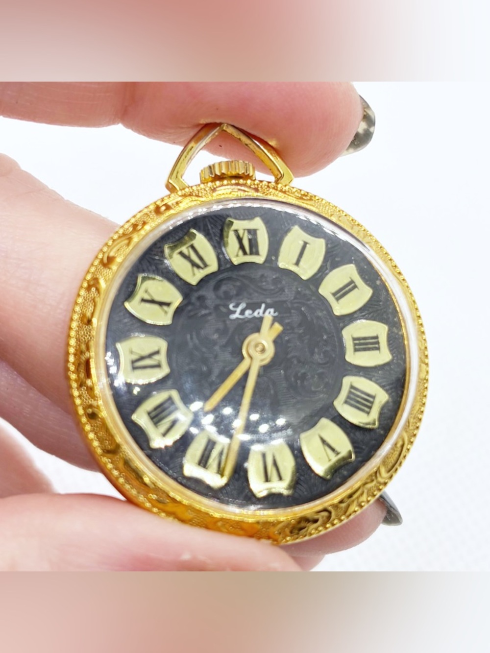 Vintage Leda Swiss Pendant Watch Necklace Manual Wind Gold Tone Black Floral